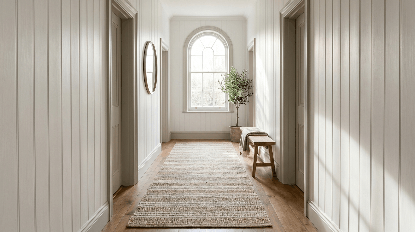 Hallway walls with vertical shiplap paneling, slim runner rug, minimal furniture, sunlight highlighting texture.