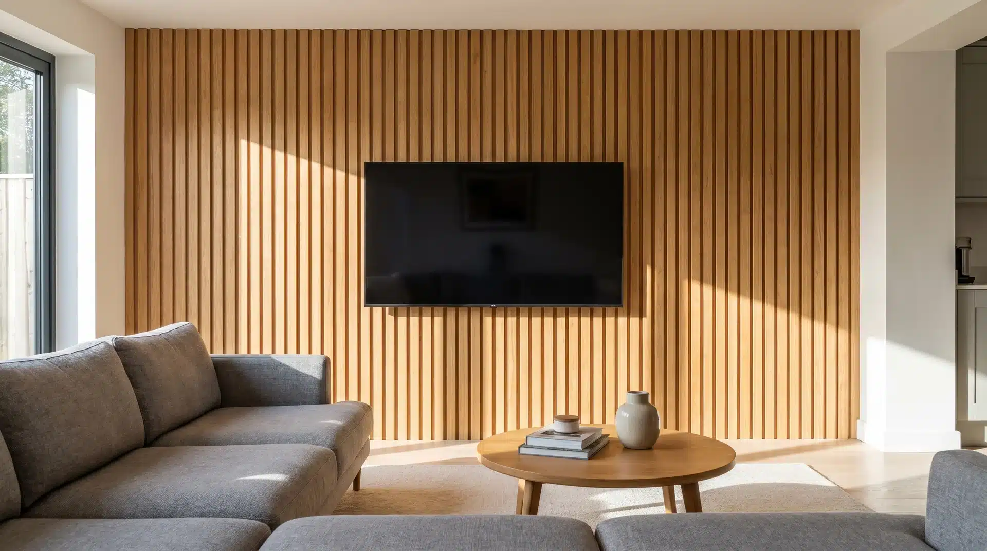 Vertical oak slat panelling running floor to ceiling behind a wall-mounted TV in a modern living room