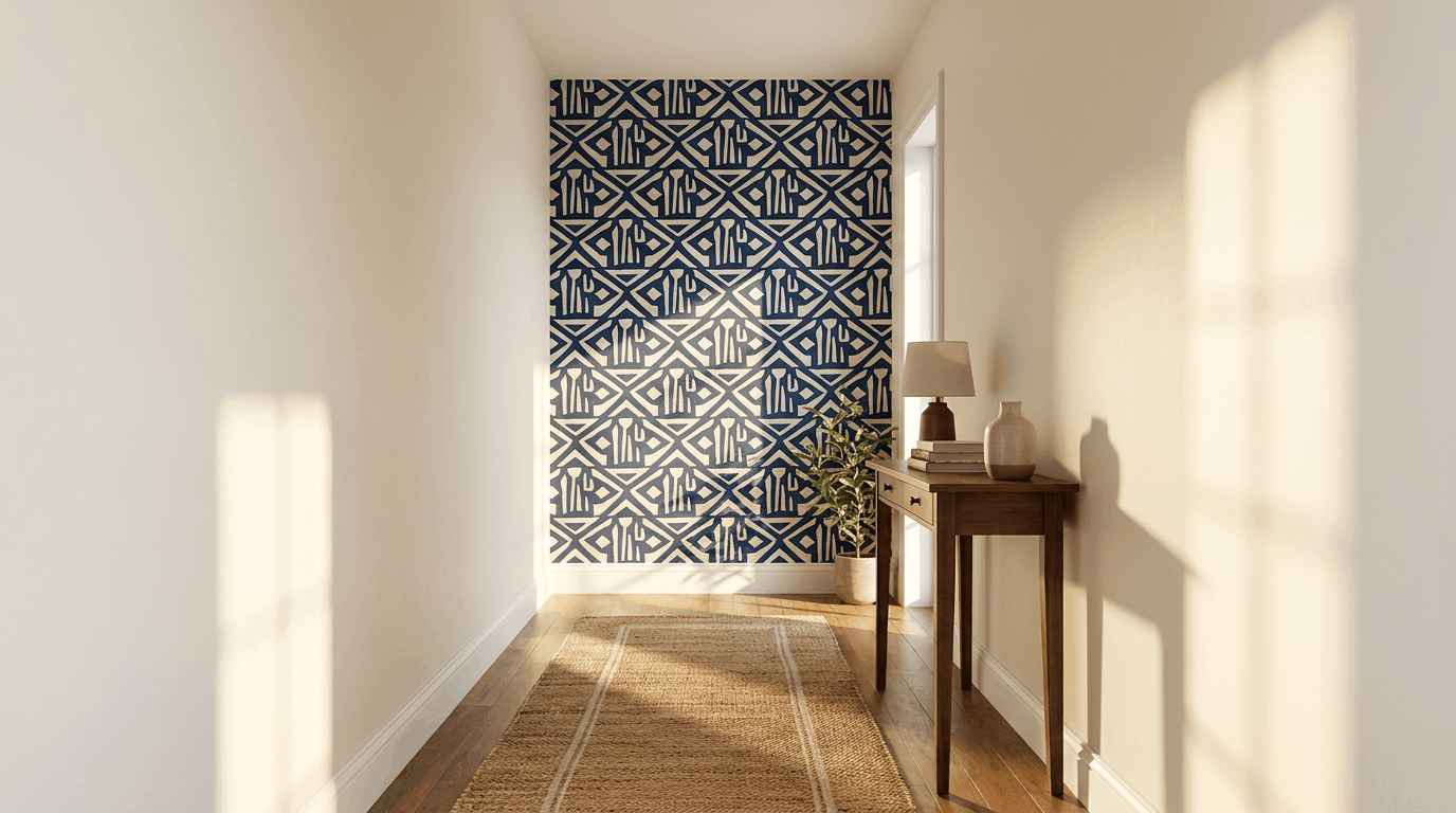 Hallway with patterned peel-and-stick wallpaper on far wall, neutral painted side walls, runner rug on floor.