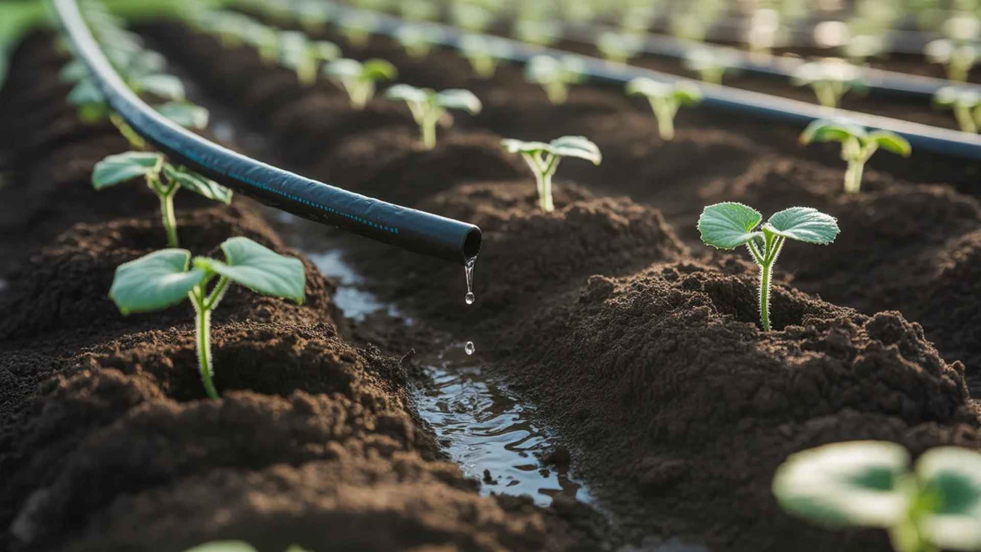 A close-up of young plants being watered with a drip irrigation system, with droplets of water falling from the hose onto the soil surrounding the plants.