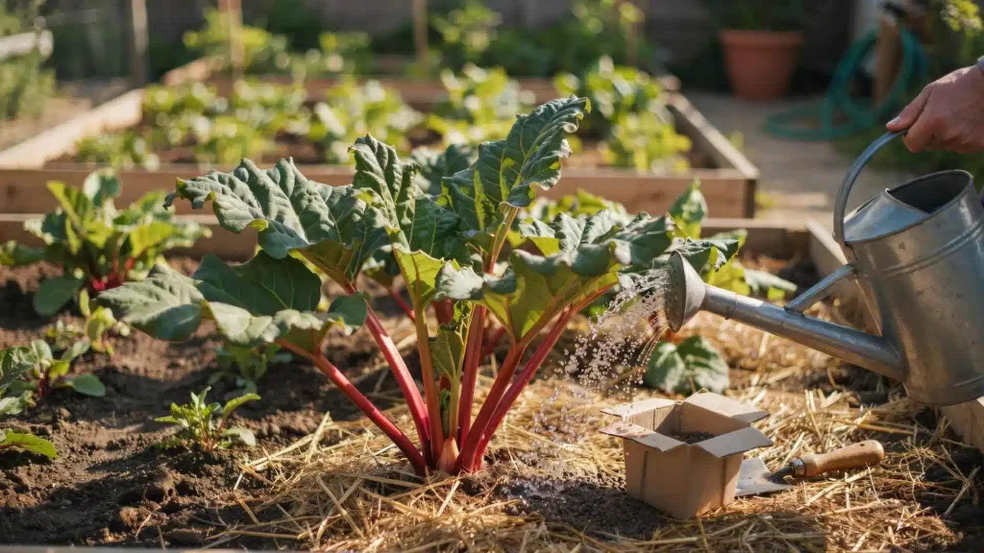 Rhubarb plants being watered with a metal watering can in a sunny garden.