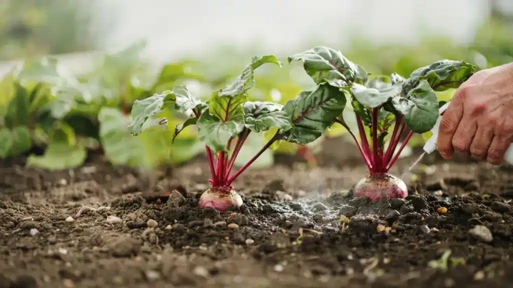 Beetroot plants in soil being watered, highlighting healthy green leaves and growing roots.