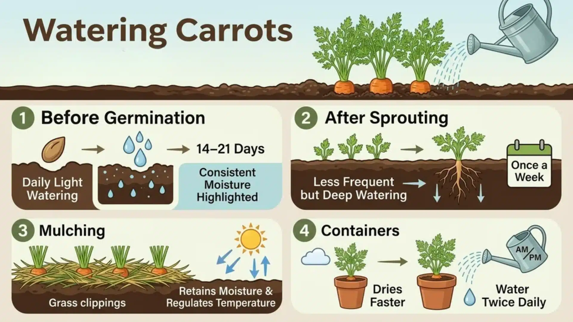 Illustrated guide showing proper carrot watering methods for consistent growth and healthy roots.