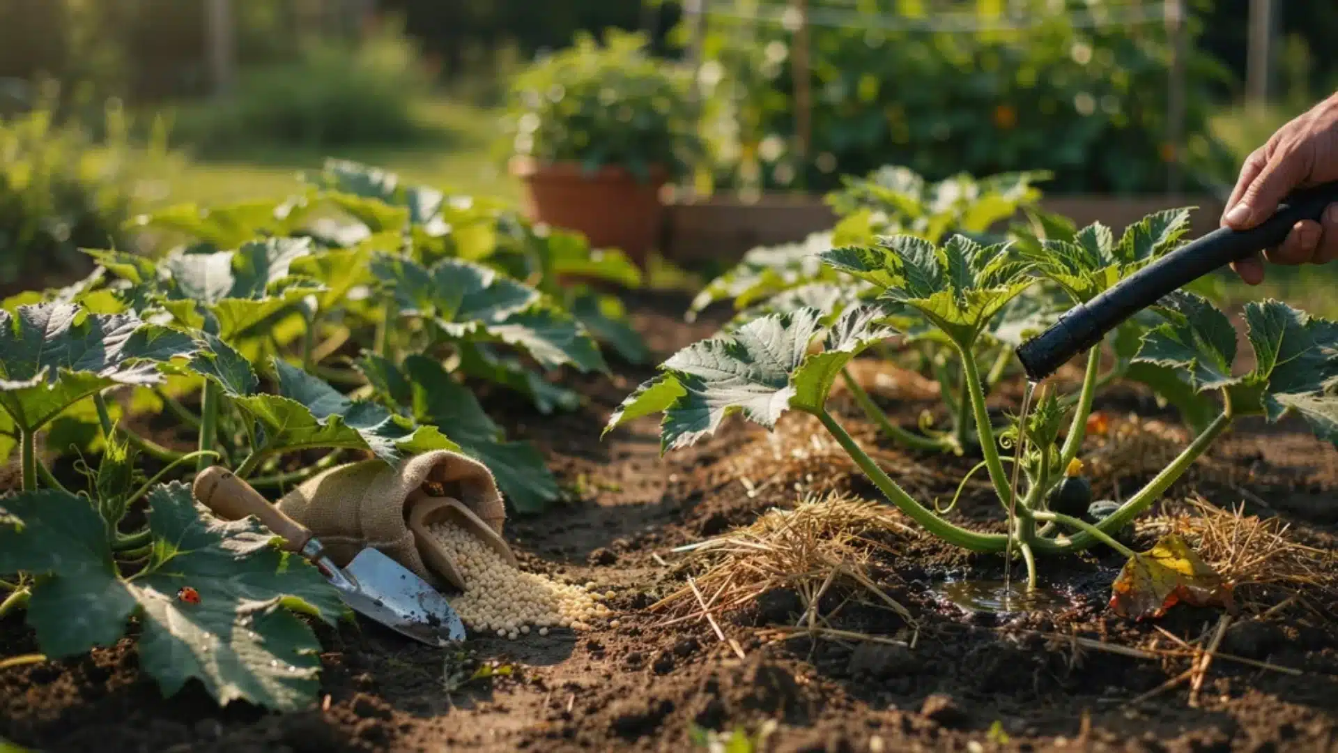 Watering a pumpkin plant with a hose, next to a trowel and spilled fertilizer in a mulched garden bed.
