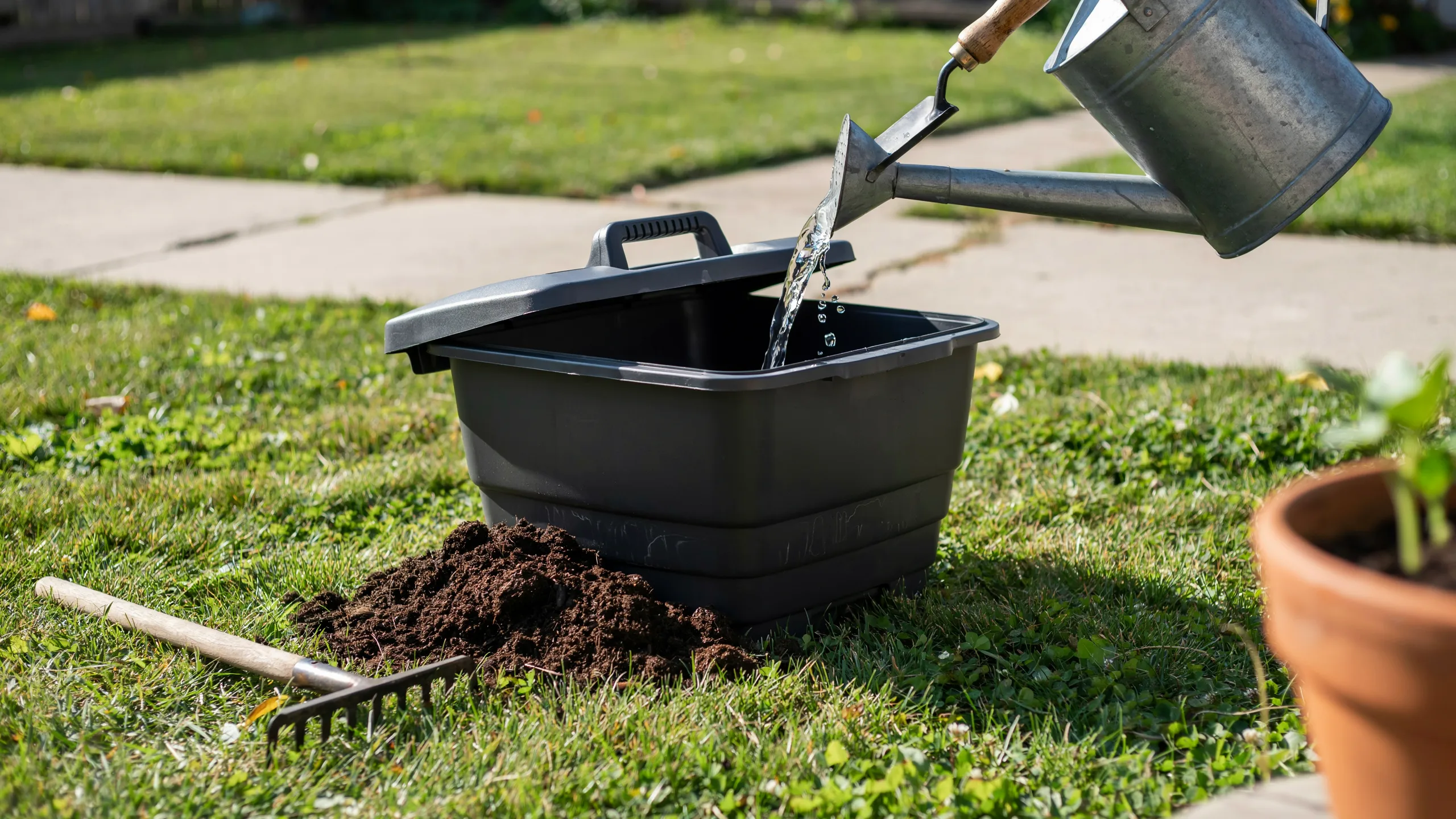 a person watering garlic planter to make them grow