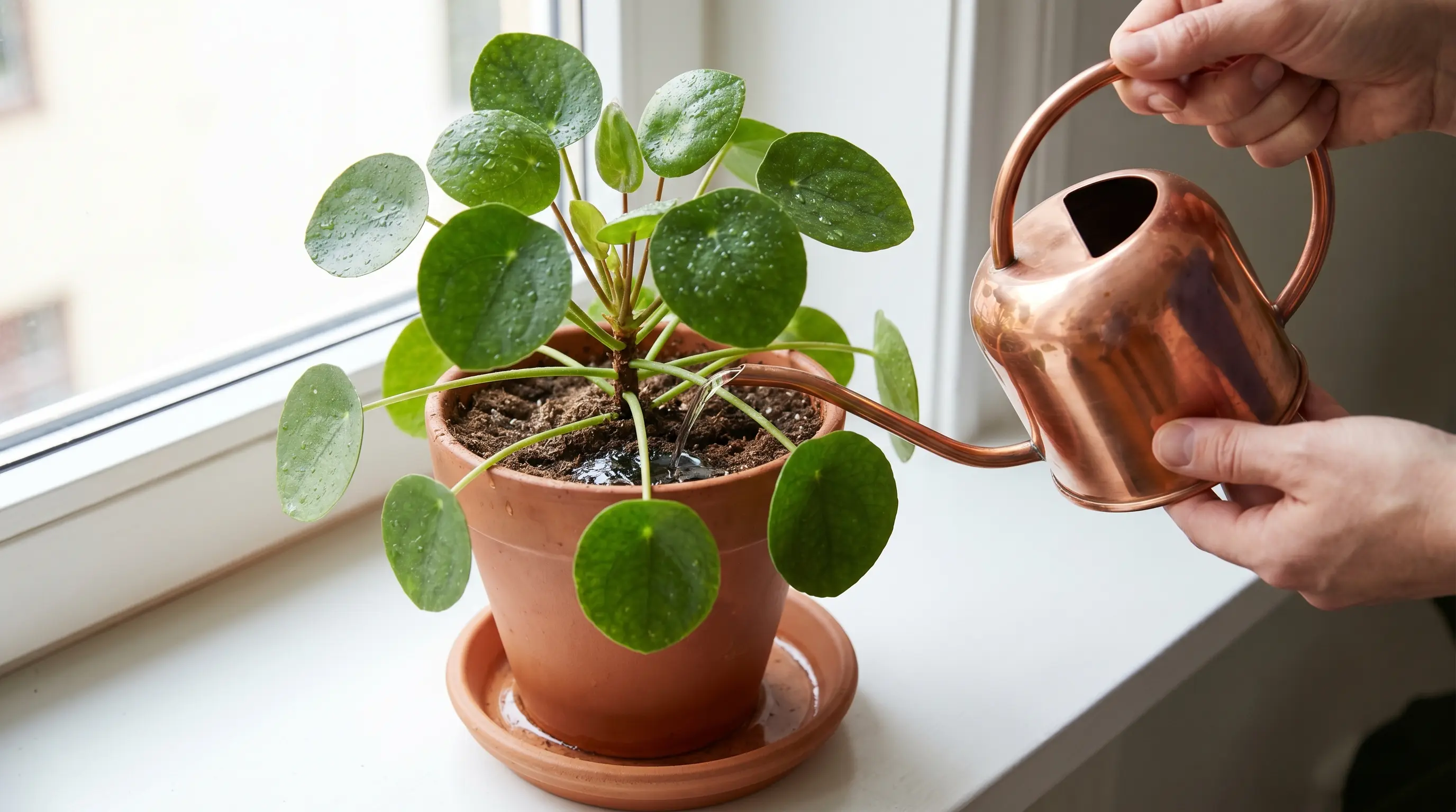 A person watering a Chinese Money Plant in a terracotta pot; soil slightly dry on top, water running from drainage holes, highlighting proper watering technique.