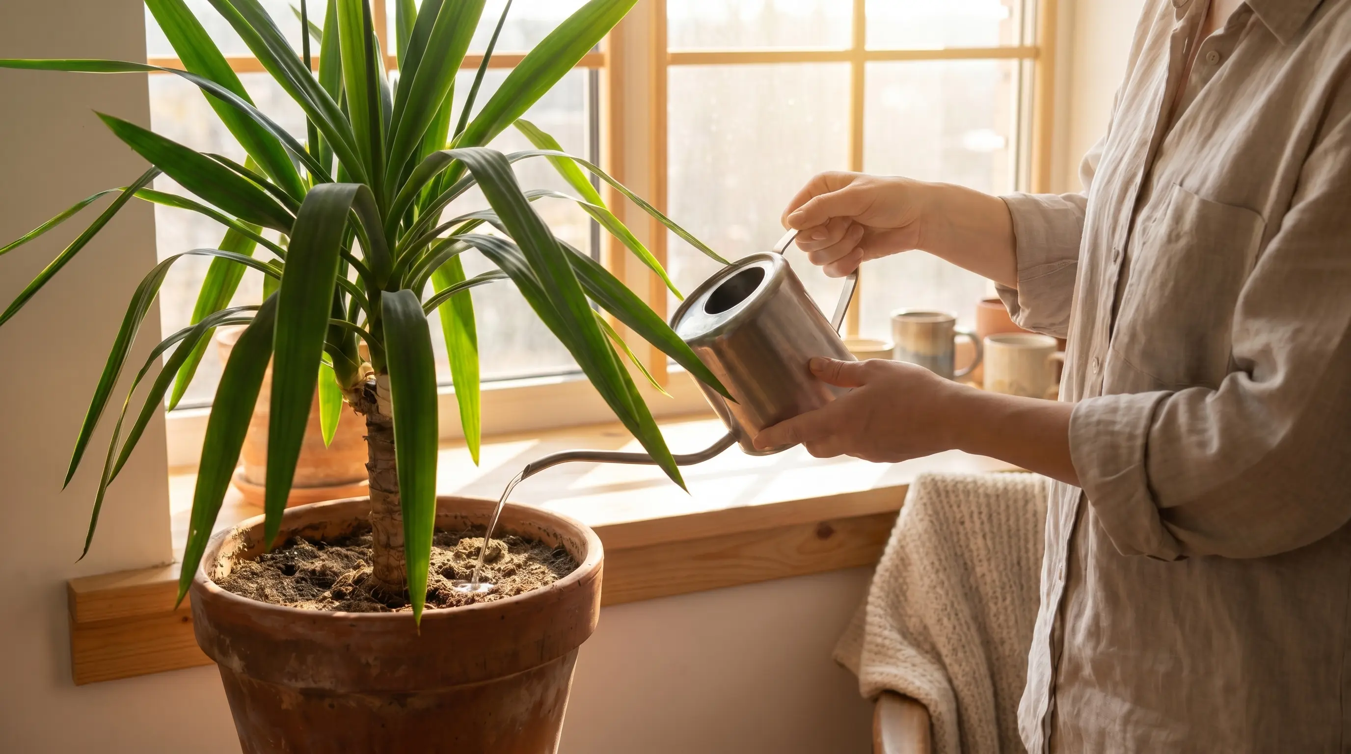 A person gently watering a healthy Yucca in a terracotta pot on a sunny windowsill, illustrating proper hands-off watering technique.