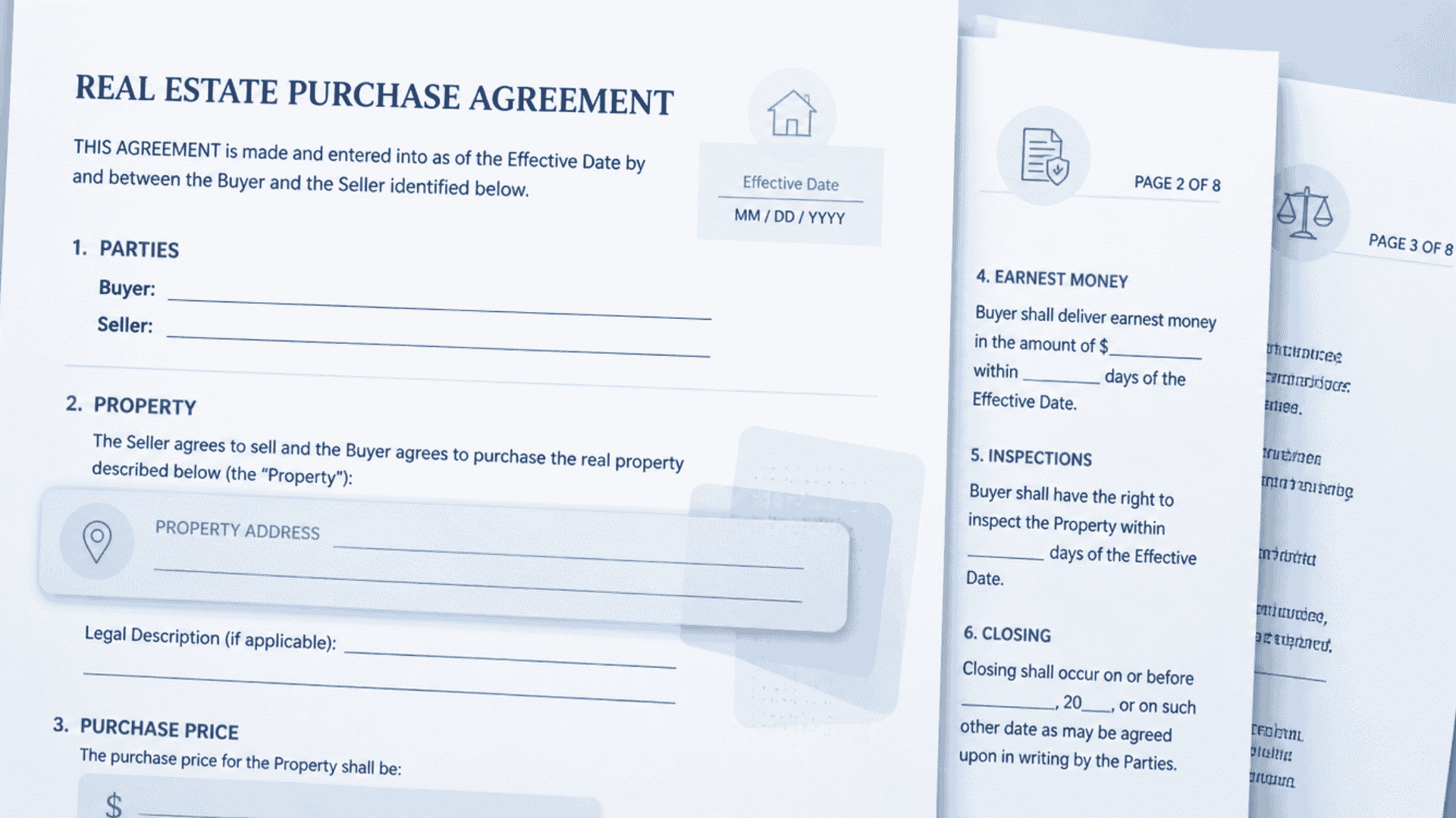 Close-up of a real estate purchase agreement, illustrating what is a mortgage deed in a home buying process.