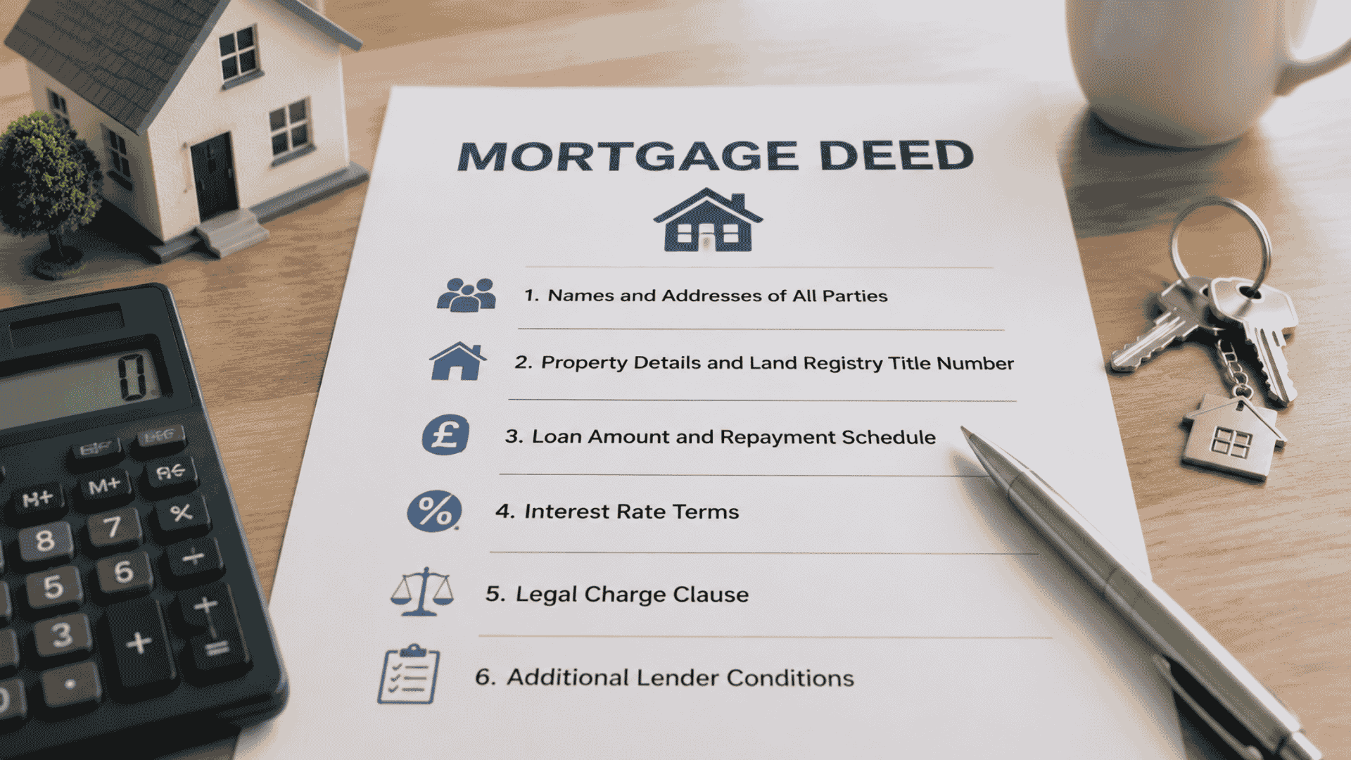 Mortgage deed document with house model and keys, visually explaining what is a mortgage deed.