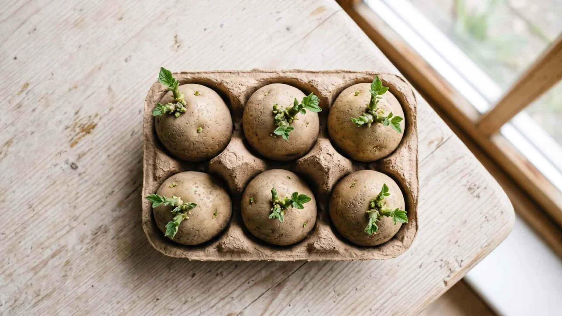 Seed potatoes chitting indoors before planting, showing sprouts and healthy eyes, explaining when to plant potatoes.