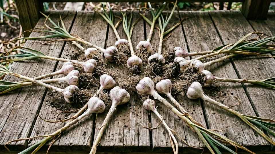 Freshly harvested garlic bulbs laid flat on wood surface to cure after picking