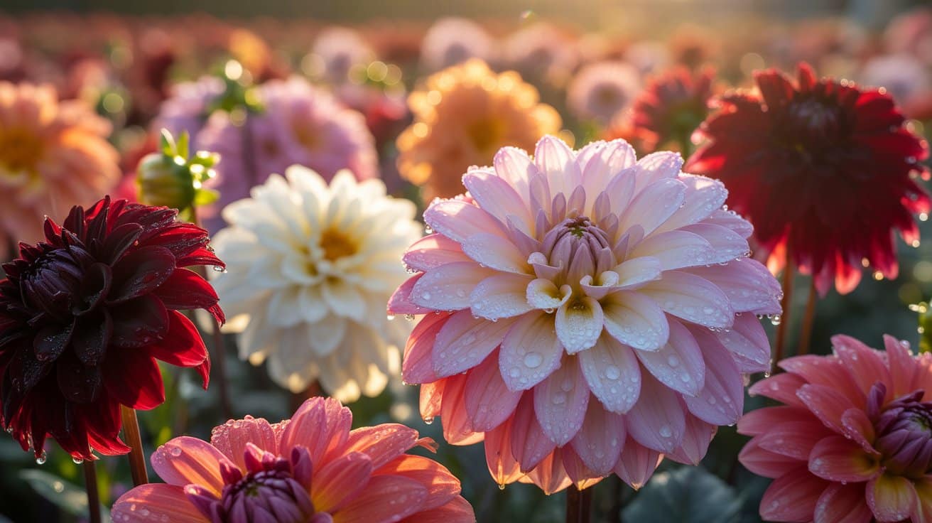 Colorful dahlias in full bloom with pink, red, and white petals covered in morning dew, glowing in warm sunlight in a garden field.