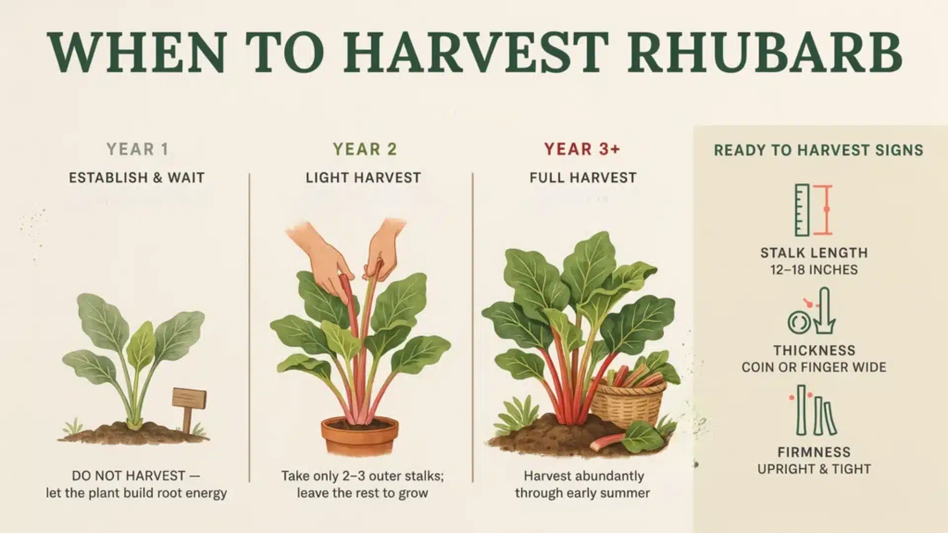 Illustrated rhubarb growth stages showing Year 1 no harvest, Year 2 light harvest, Year 3+ full harvest, plus visual harvest indicators.
