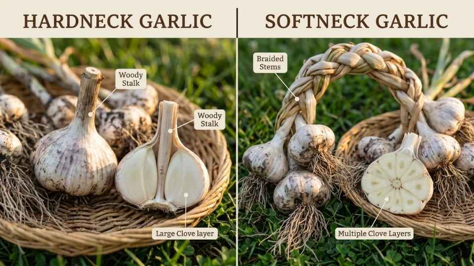 Hardneck and softneck garlic bulbs side by side showing differences