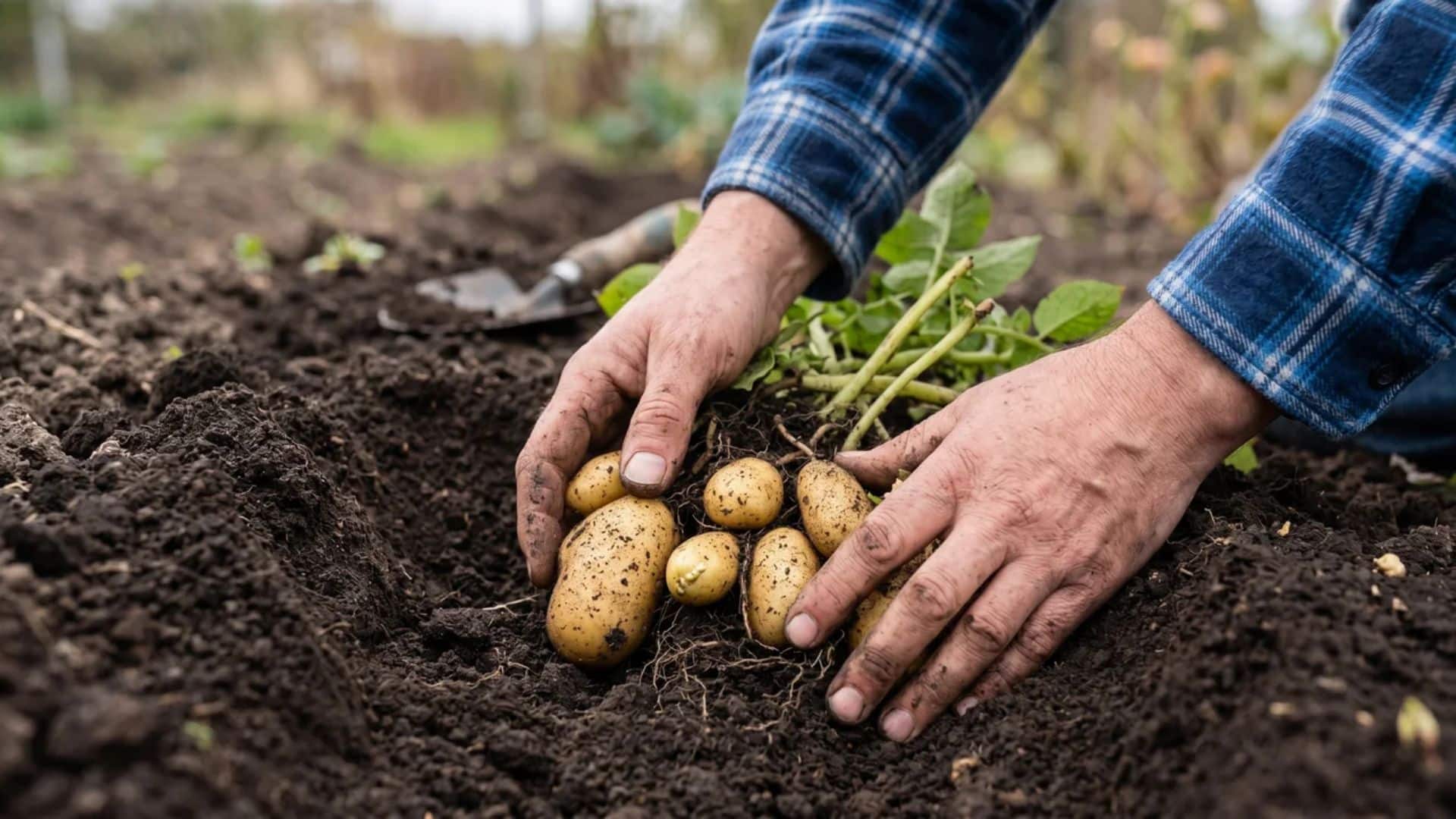 Hands arranging chitted seed potatoes in a garden bed, demonstrating timing and spacing for when to plant potatoes.