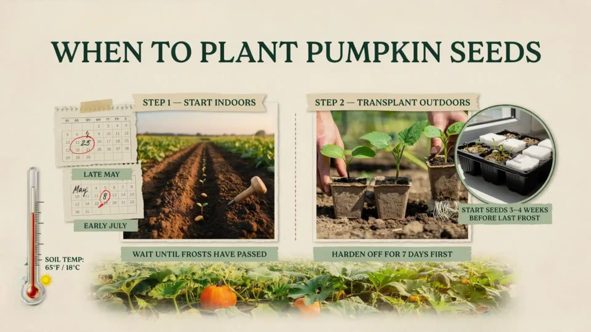 Infographic showing calendar and steps for planting pumpkin seeds indoors and transplanting outdoors after frost.