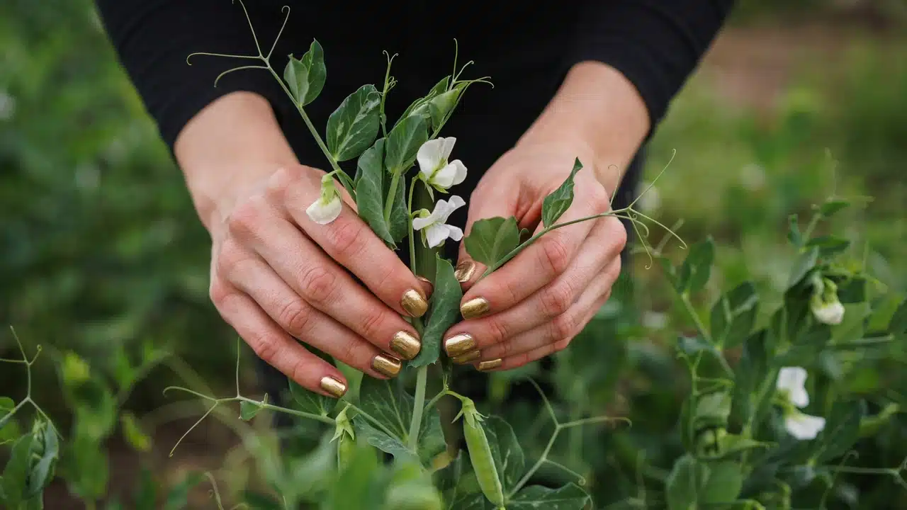 Hands holding mature sweet pea plants, ready for planting outdoors to grow sweet peas successfully.