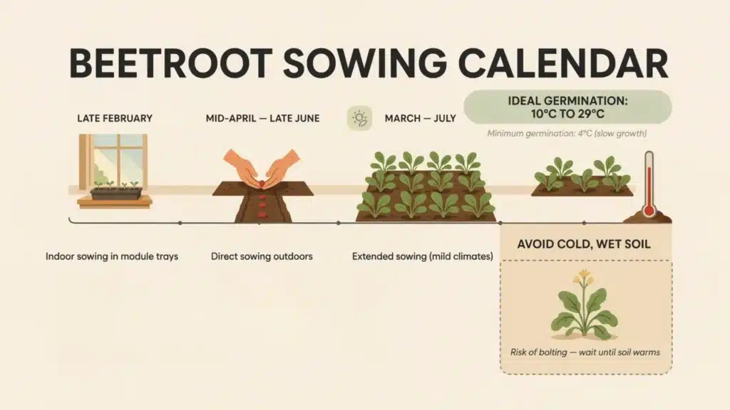 Illustrated beetroot sowing calendar showing indoor and outdoor planting months and temperature recommendations.