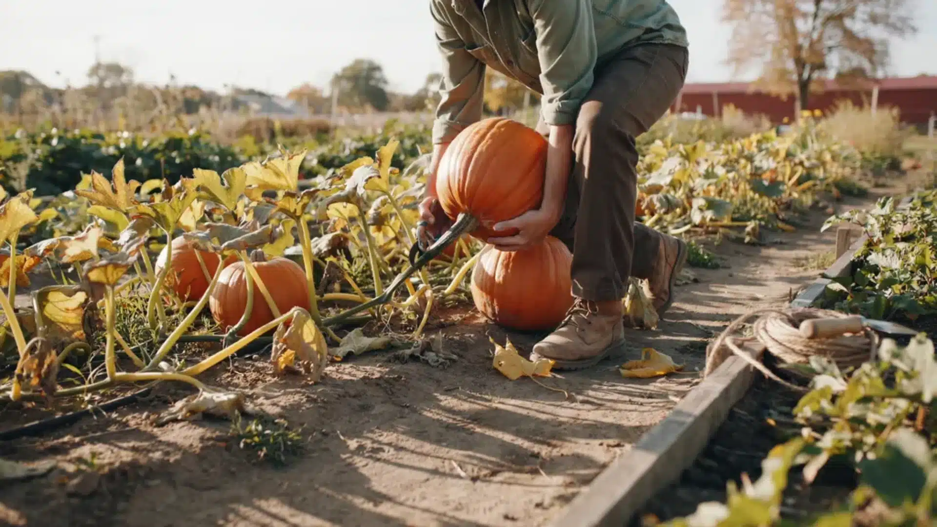 Person lifting a large orange pumpkin from the vine during harvest, showing mature pumpkins in the garden.