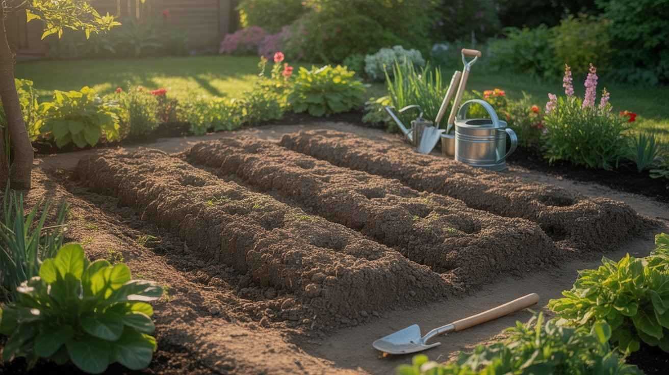 Prepared garden bed with evenly spaced planting rows, surrounded by flowers and gardening tools, ready for planting dahlias in a sunny backyard.