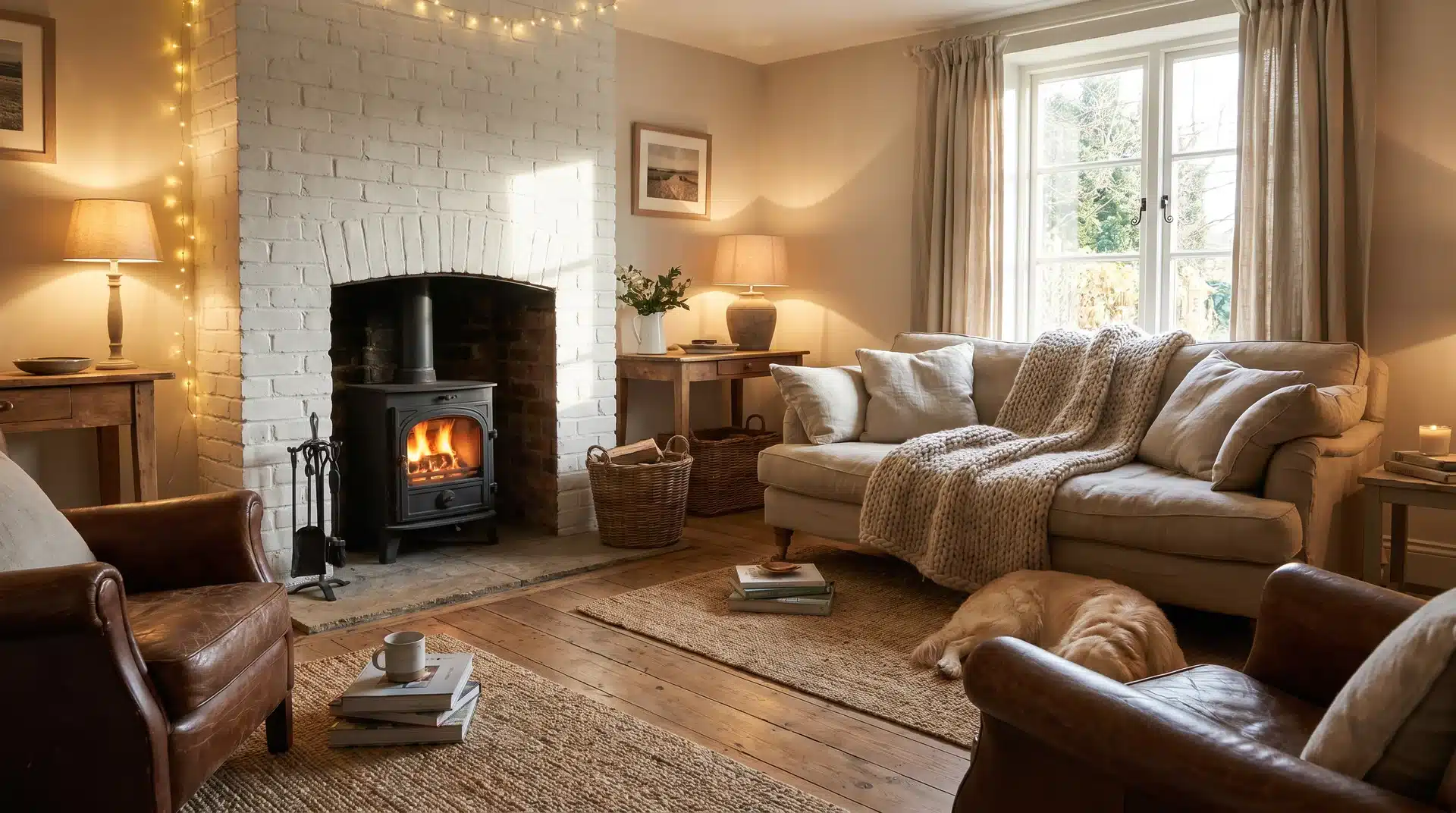 Black log burner on white surround, cozy sunlit living room with wool throw and warm textures.