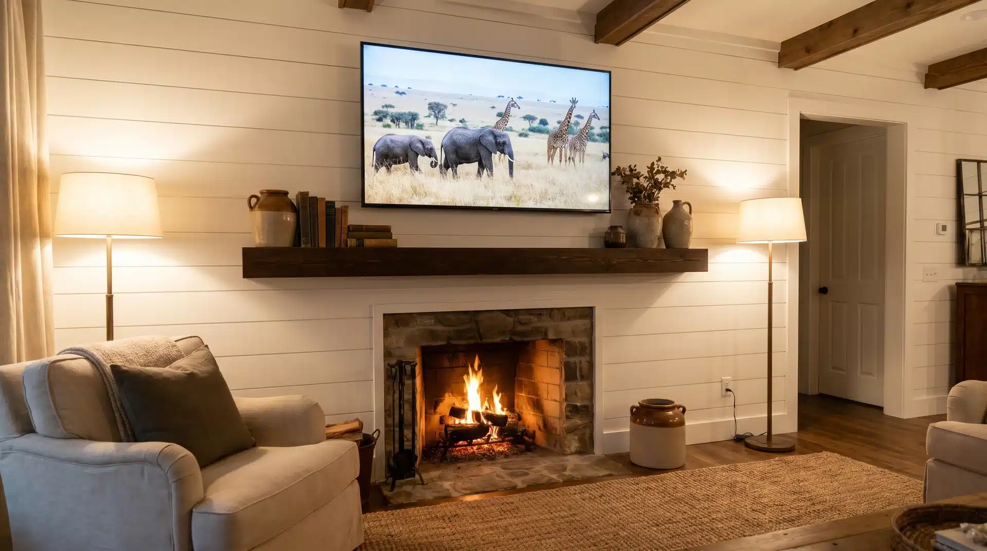 Flat screen TV on white shiplap fireplace wall above floating wood mantel shelf.