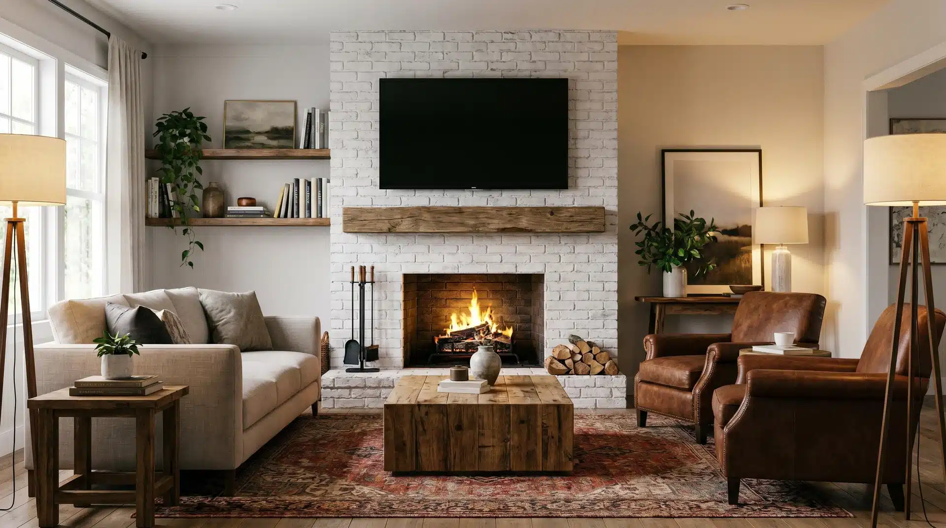 TV on whitewashed brick chimney breast above thick reclaimed wood beam mantel.