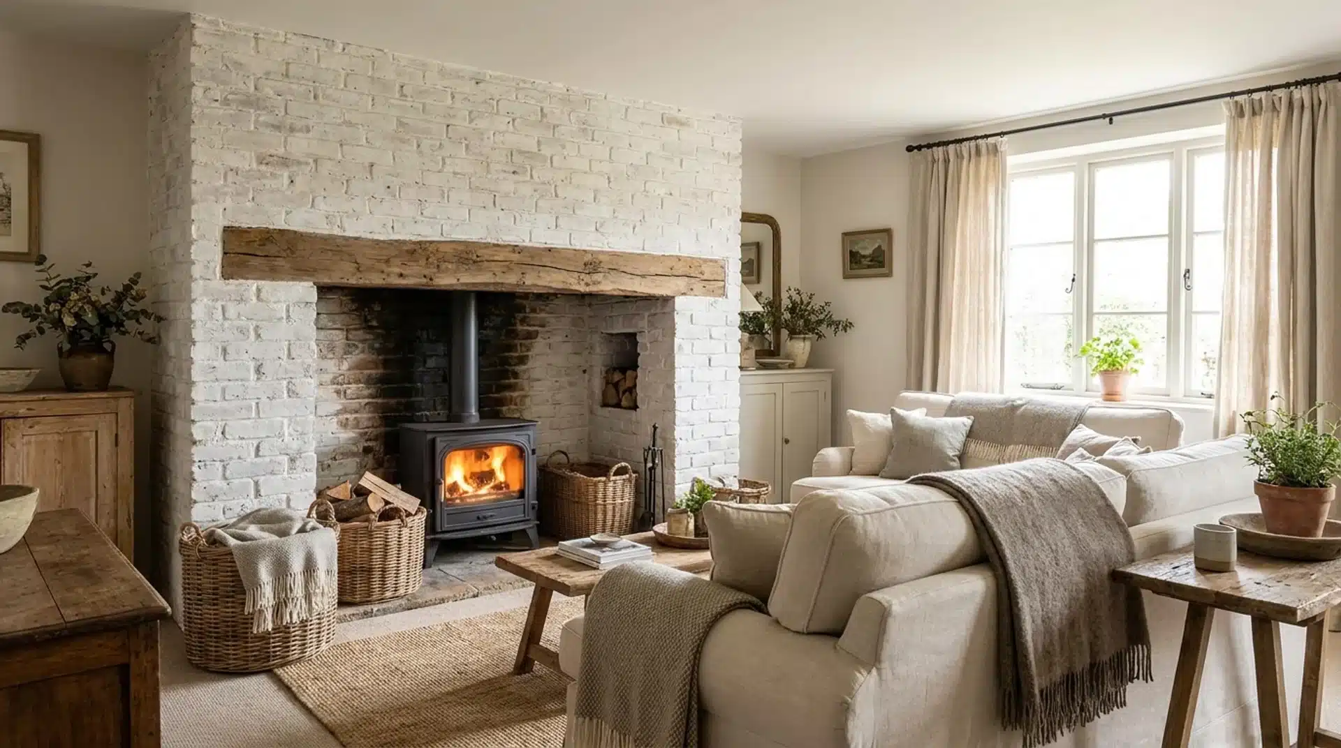 Rustic cozy living room with whitewashed brick and reclaimed wood mantel fireplace.