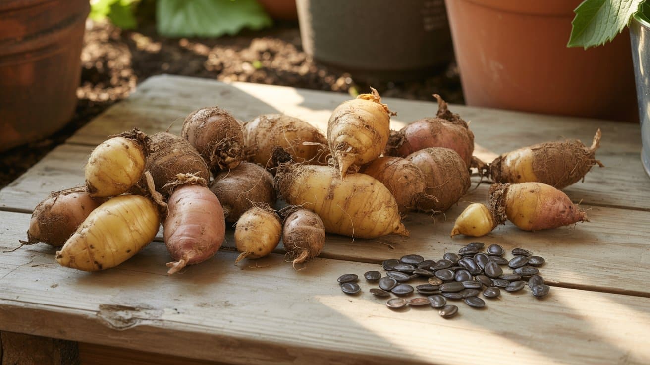 Dahlia tubers and seeds are placed on a wooden surface for planting.