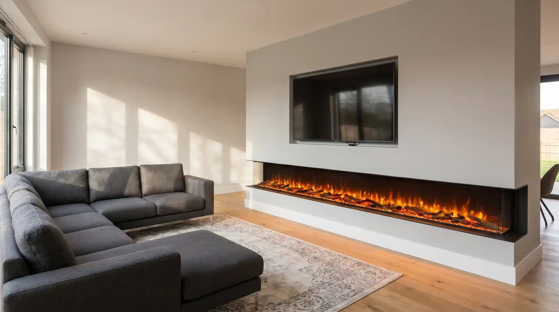 Wide panoramic electric fireplace spanning the lower wall with TV mounted above in a spacious UK living room