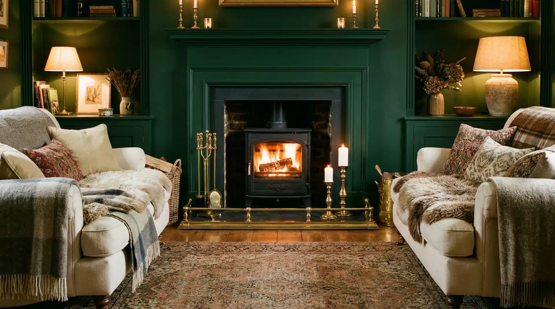 Stylish living room with deep green fireplace surround and warm log burner focus.