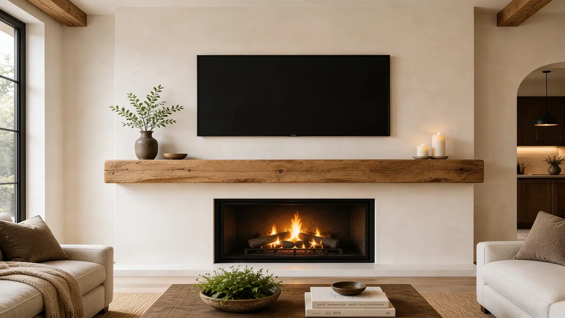 TV on white plastered chimney breast above thick natural oak beam fireplace mantel.