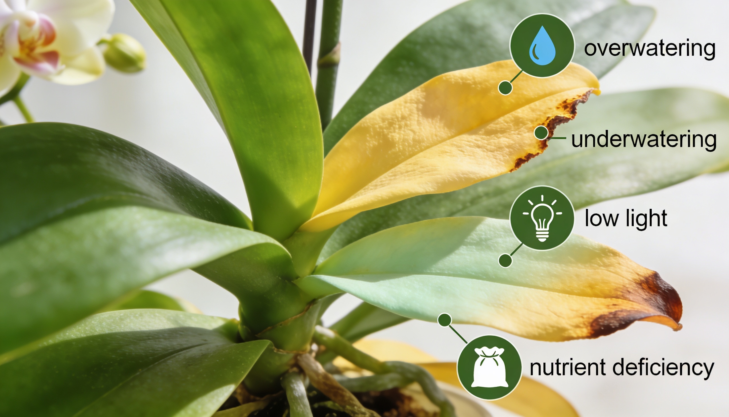 Orchid with yellowing leaves due to aging, overwatering, underwatering, or sunburn, with root inspection for diagnosis