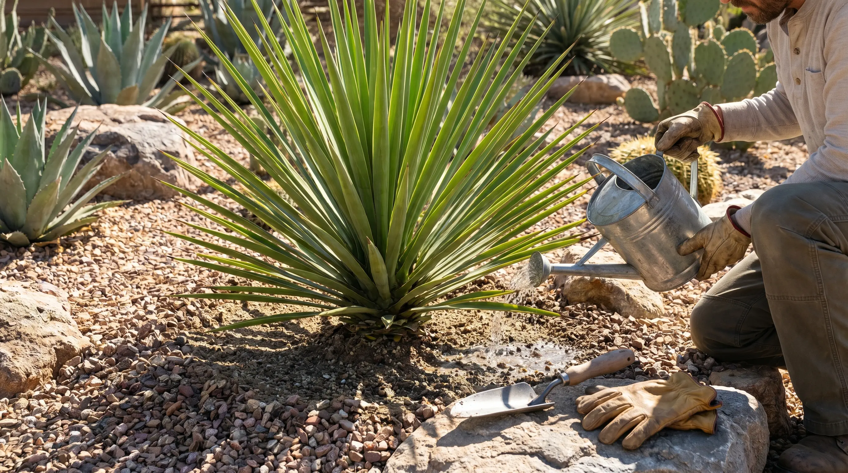 A healthy Yucca plant in a sunny garden bed, with a person gently watering at the base; well-draining soil, mulch, and garden tools visible, emphasizing outdoor care.