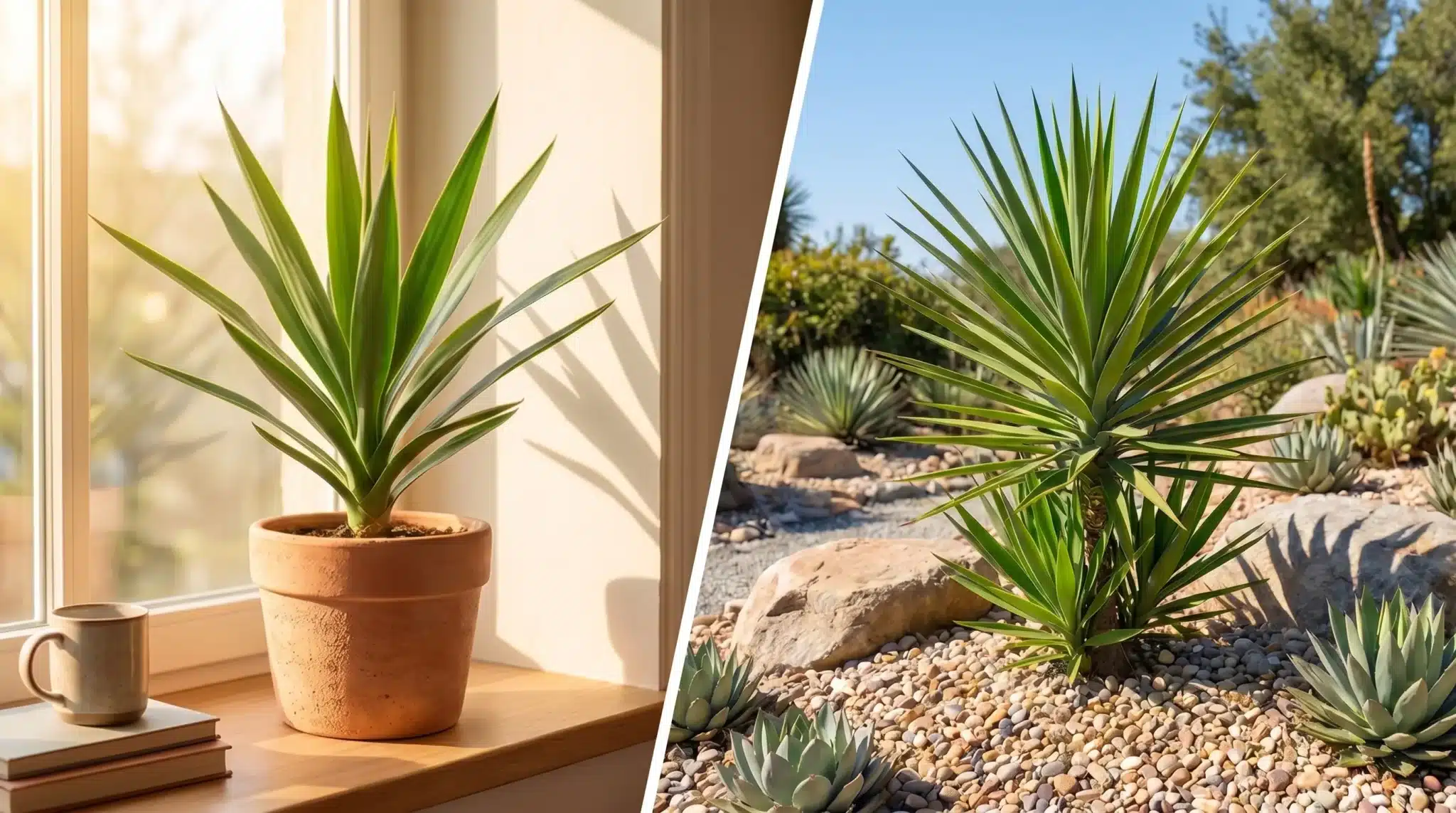 A vibrant featured image showing a healthy Yucca plant indoors in a stylish pot on a sunny windowsill and outdoors in a sunny garden bed, highlighting plant care and growth.