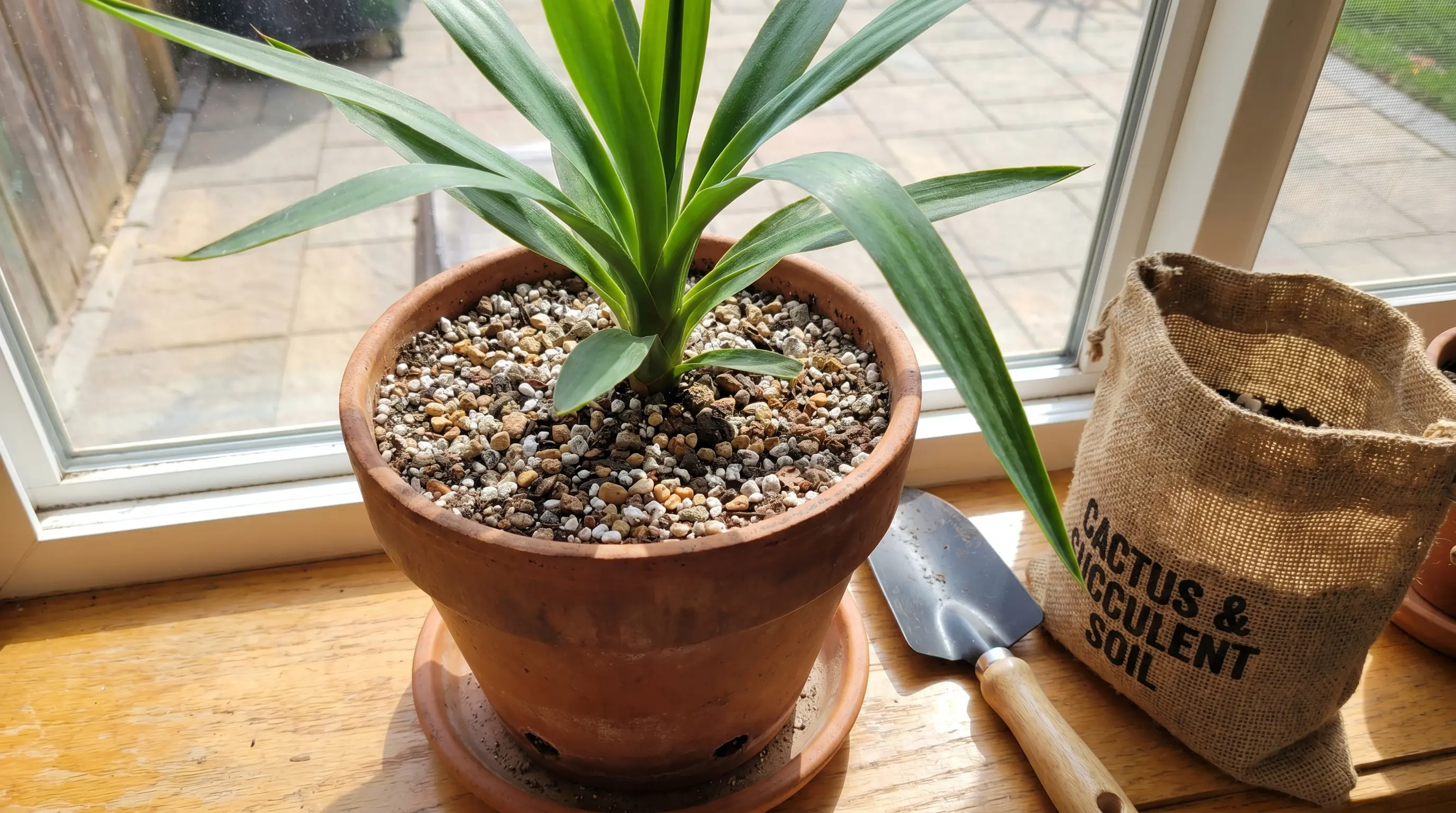 A healthy Yucca in a terracotta pot with well-draining soil, surrounded by a small trowel and bag of cactus soil, highlighting proper pot and soil choice.