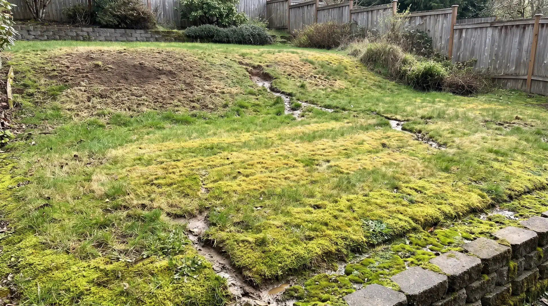 Sloped lawn with damaged grass showing signs your lawn grass is dying on a slope from water runoff issues.