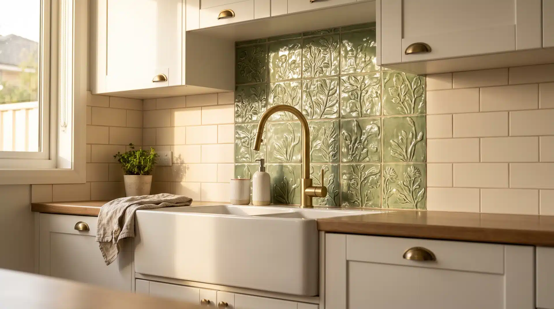 Sage green ceramic relief tile feature panel behind farmhouse sink with cream field tile and brass tap Image 6 — Copper Splashback | Full Kitchen Layout Prompt: Canon 5D Mark IV, 24mm lens, f/4, warm evening interior lighting, wide full kitchen layout shot showing aged copper sheet metal splashback running the entire length of the kitchen wall from countertop to underside of upper cabinets, deep charcoal lower cabinets, white oak upper open shelving, undermount double sink with unlacquered brass tap below the copper wall, gas range cooker to the left, natural patina variation visible across the full copper surface, brushed concrete floor, hyper-realistic, editorial interior photography Alt text: Full kitchen layout with aged copper splashback running entire wall length behind sink and range cooker Image 7 — Mosaic Tile | Sink Area Prompt: Canon 5D Mark IV, 35mm lens, f/3.2, soft natural morning light, kitchen sink area wide shot showing iridescent glass mosaic splashback running full width behind a white marble countertop, undermount single bowl sink centered, polished chrome bridge tap above, mosaic tiles catching and scattering light across the wall at multiple angles, white upper cabinets above, lower cabinets in pale gray, white grout lines throughout, hyper-realistic, editorial residential kitchen photography Alt text: Iridescent glass mosaic splashback behind undermount sink with marble countertop and chrome bridge tap Image 8 — Acrylic Splashback | Full Galley Kitchen Prompt: Canon 5D Mark IV, 24mm wide-angle lens, f/4, bright natural daylight from end window, full galley kitchen layout showing pale blush high-gloss acrylic splashback running the entire length of one wall from countertop to upper cabinet base, white shaker cabinets top and bottom, stainless steel single bowl sink with chrome tap in center of run, countertop clear on either side, seamless panel with zero grout lines, light bouncing end to end across the acrylic surface, Scandinavian interior aesthetic, photorealistic editorial kitchen photography Alt text: Full galley kitchen with pale blush acrylic splashback running entire wall behind sink and white shaker cabinets Image 9 — Brick Slip Splashback | Sink Area Prompt: Canon 5D Mark IV, 35mm lens, f/3.5, warm pendant light above sink, kitchen sink area wide shot showing kiln-fired clay brick slip splashback running full width behind a concrete countertop, large industrial undermount sink below with matte black tap, charcoal lower cabinets, open raw wood floating shelf above the splashback run holding glassware and a trailing plant, natural brick color variation from buff to warm red across the full wall, charcoal matching grout, hyper-realistic surface texture, editorial industrial kitchen photography Alt text: Brick slip splashback behind industrial undermount sink with concrete countertop and matte black tap Image 10 — Hexagonal Tile | Full Kitchen Layout Prompt: Canon 5D Mark IV, 24mm wide-angle lens, f/4, soft morning light from side window, full kitchen layout showing large-format matte white hexagonal tile splashback running the full width of the kitchen from countertop to upper cabinet soffit, navy blue lower cabinets, brushed gold hardware throughout, white stone countertop, undermount sink centered under window with brushed gold tap, upper white cabinets flanking the window, kitchen island with bar stools visible in foreground, hardwood floor, photorealistic, contemporary US kitchen editorial photography Alt text: Full kitchen with white hexagonal tile splashback, navy lower cabinets, gold hardware and undermount sink Image 11 — Natural Stone Marble | Sink Area Prompt: Canon 5D Mark IV, 35mm lens, f/2.8, natural north light through window above sink, kitchen sink area wide shot showing honed Carrara marble slab splashback running full width behind white painted shaker cabinets, marble countertop in the same stone running continuously from worktop surface up the wall as splashback, undermount apron sink below, unlacquered brass bridge tap, grey veining continuous across countertop and wall, upper cabinets in soft white on either side of window, hyper-realistic stone surface texture, luxury residential kitchen photography Alt text: Honed Carrara marble splashback continuous with countertop behind apron sink with brass bridge tap Image 12 — Metallic Tile | Full Galley Kitchen Prompt: Canon 5D Mark IV, 24mm wide-angle lens, f/3.5, low warm evening light from pendant above sink, full narrow galley kitchen showing antiqued gold metallic subway tile splashback running the entire length of both walls, white shaker upper and lower cabinets on both sides, undermount stainless sink on one run with chrome tap, gas hob on the opposite run, warm light multiplying and bouncing across both metallic tile surfaces, cream grout lines visible, hardwood floor running the length of the galley, hyper-realistic, editorial interior photography Alt text: Full galley kitchen with antiqued gold metallic tile splashback on both walls behind sink and gas hob.