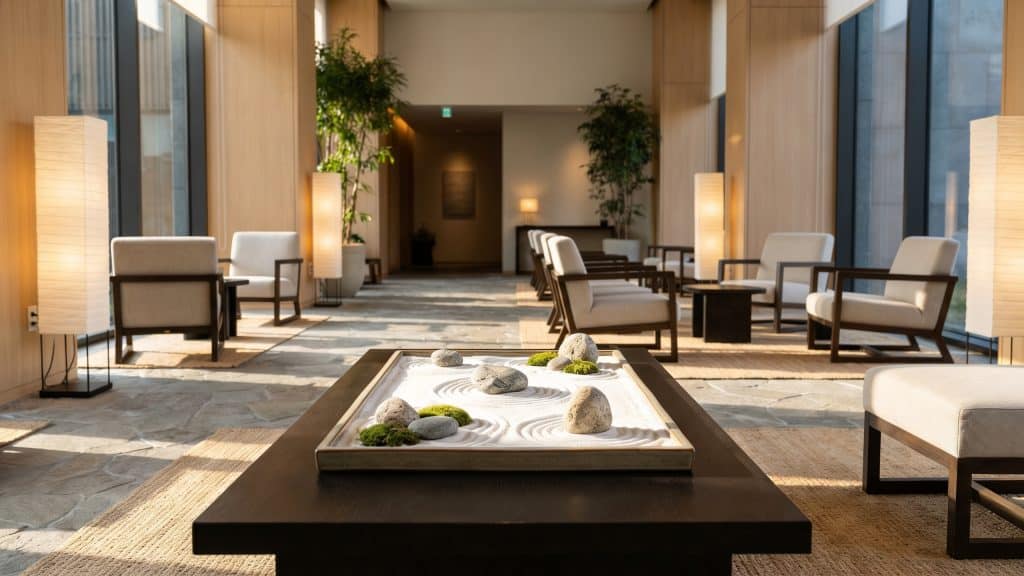 Indoor modern space with a decorative tabletop Zen garden featuring stones, sand patterns, and soft ambient lighting