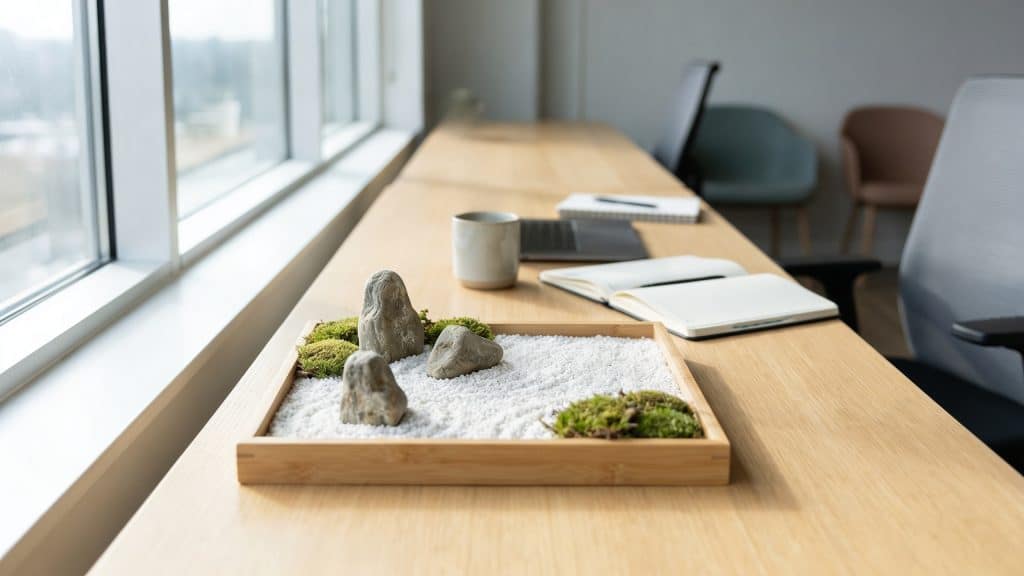 Small desktop Zen garden on a wooden table with rocks, moss, and raked sand beside a notebook and laptop