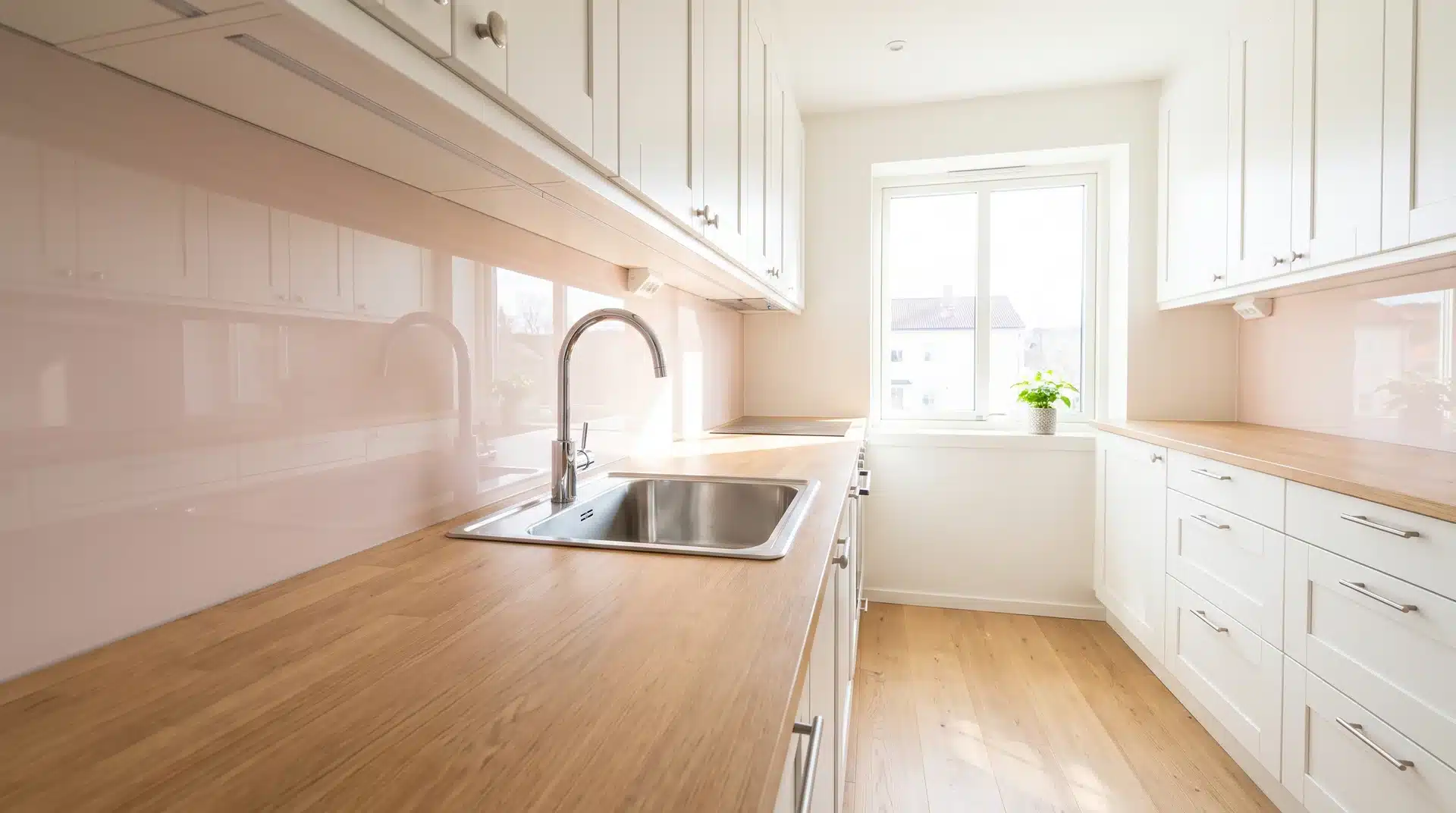 Full galley kitchen with pale blush acrylic splashback running entire wall behind sink and white shaker cabinets.