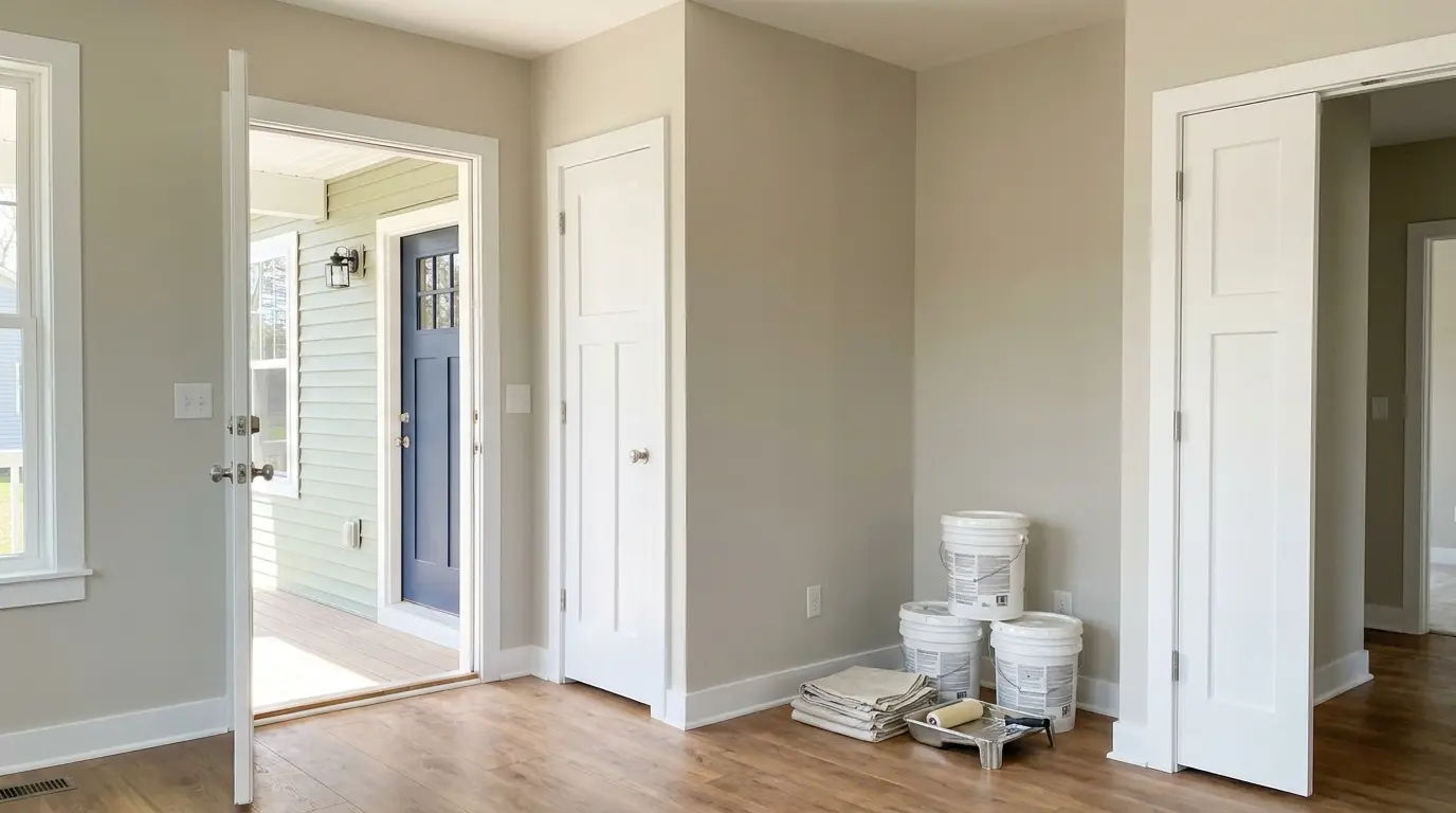 Freshly painted room with neutral walls, white trim, paint buckets, roller tray, and drop cloths ready for finishing touches.