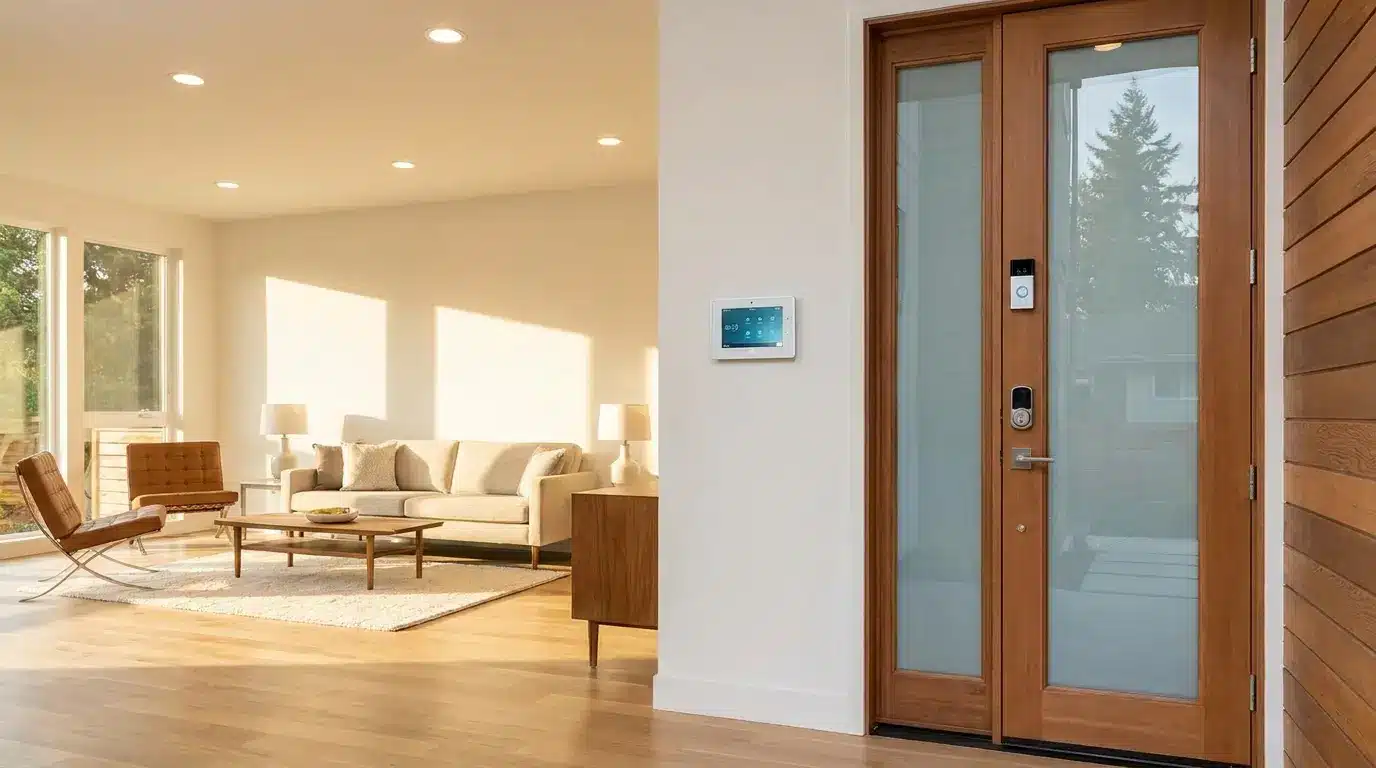 Modern living room with a smart thermostat, smart doorbell, and keyless front door lock, showcasing smart home features that improve convenience, security, and energy efficiency.