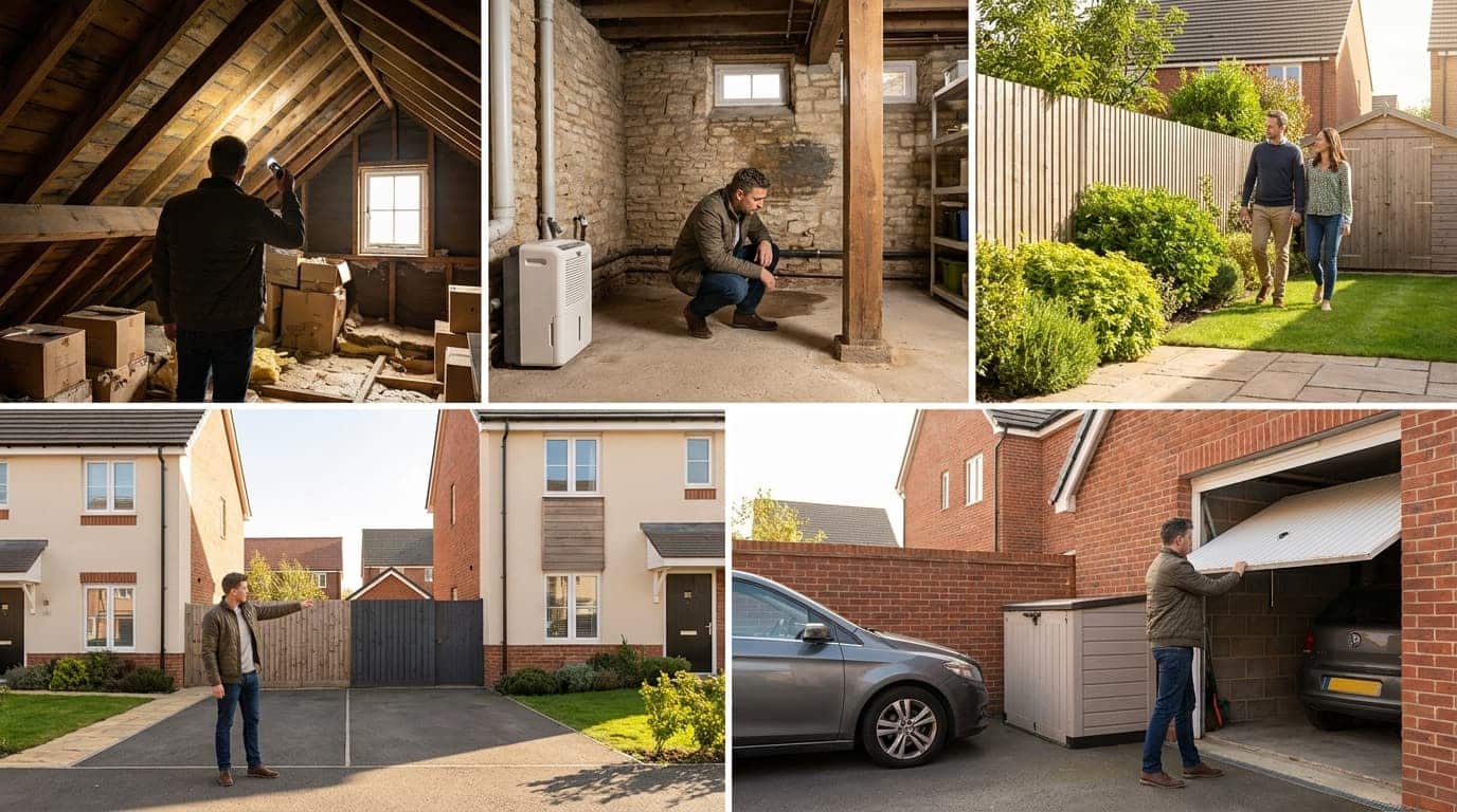 House viewing checklist showing a buyer inspecting an attic, basement, garden, property boundaries, and parking areas before purchasing a home.