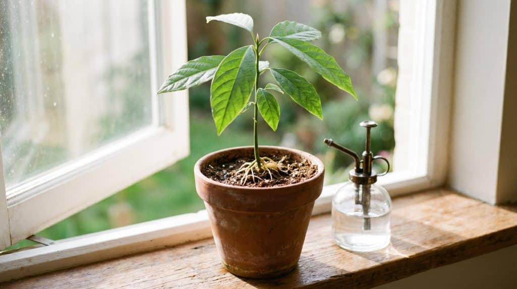 A young avocado plant growing in a terracotta pot placed on a wooden windowsill.