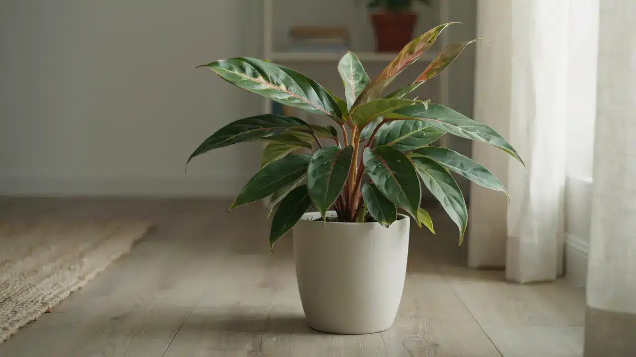 Aglaonema with patterned green, silver, and pink leaves growing in a decorative indoor pot in soft light.