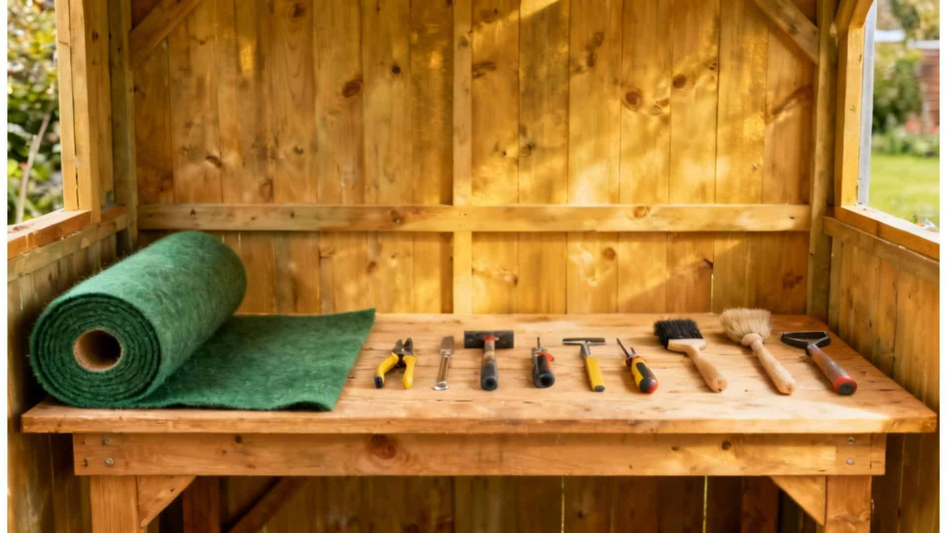 Three types of shed roofing felt rolls on a hardware store shelf including green mineral felt, polyester-backed felt, and black EPDM rubber membrane