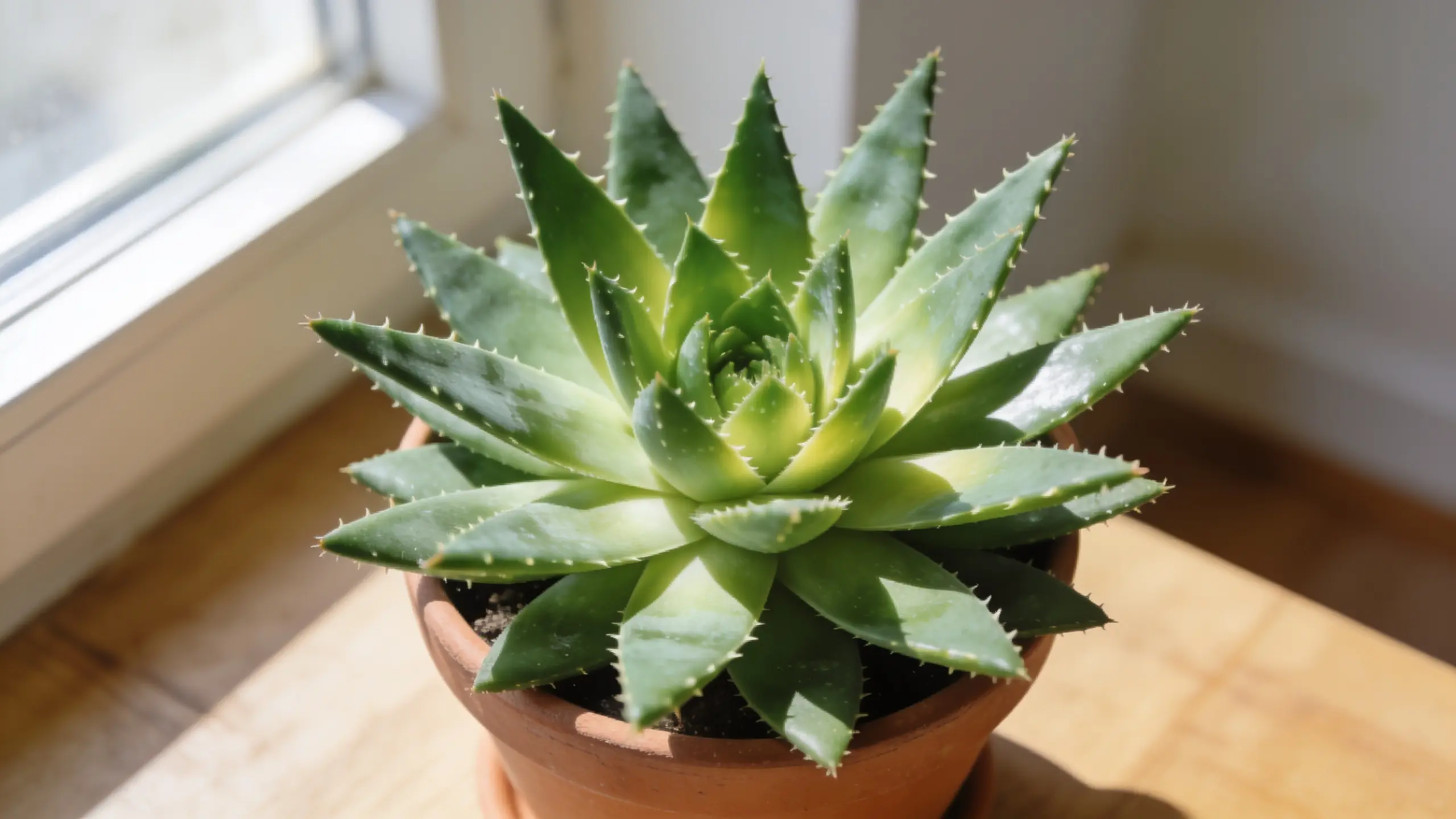Aloe vera plant with thick fleshy green leaves in an indoor pot near a window with natural light.