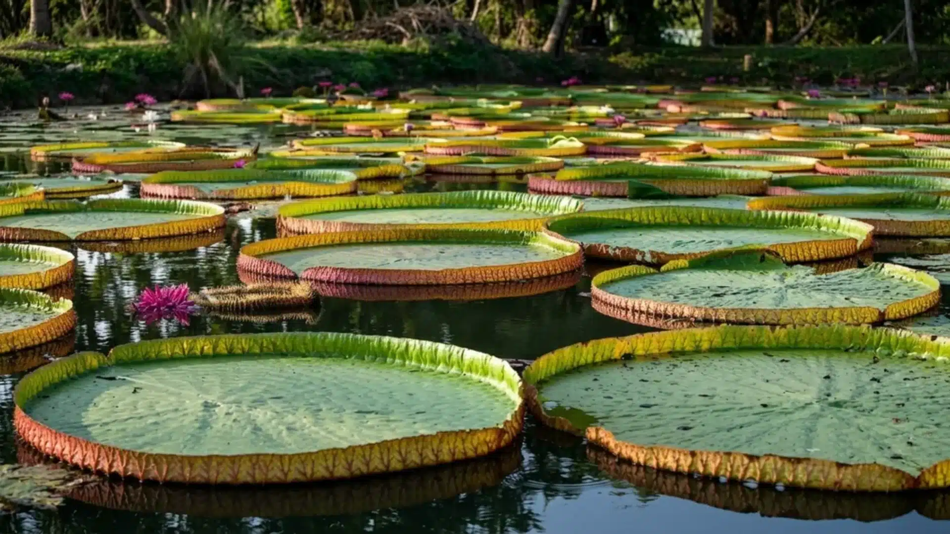 Large circular floating green leaves with pink flowers on calm water surface.