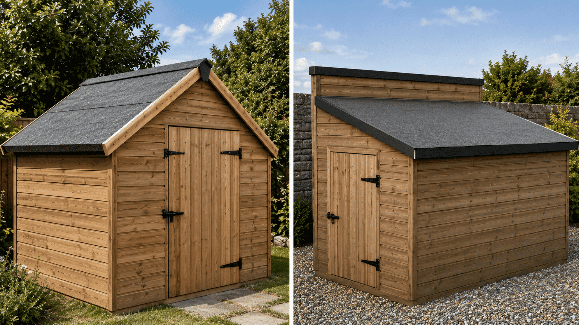 Split image showing an apex shed roof on the left and a pent shed roof on the right with black roofing felt on wooden sheds.